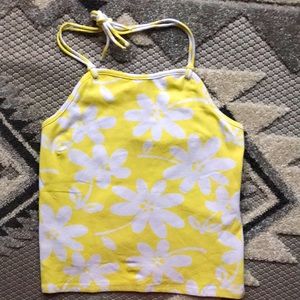 Vintage 90’s Hawaiian Print Stretch Crop Halter Yellow Puka y2k 🌺